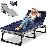 Obqer Folding Lounger, 440LBS Belastbarkeit Klappbett Gästebett mit Matratze, Seitentaschen und Kopfstütze, verstellbare Rückenlehne, Keine Montage erforderlich, geeignet für Garten, Sonnenbaden, Büro