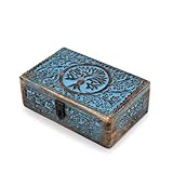 Indus Lifespace BHAVATU Handgefertigte Schmuckschatulle aus blauem Mangoholz mit Gravur Baum des Lebens handgeschnitzt für Damen und Herren | Wohnkultur | Dekorative Boxen