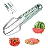 Melonenschneider,3-In-1 Obstschneider Aus Edelstahl,Wassermelonen Schneider, Wassermelonen Schneider mit Melonenausstecher und Obstgabeln,für Zuhause, Party, Camping