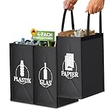 COTTARA® Mülltrennsystem 3fach Plastik, Glas, Papier | Stabiler Stand 4 x Stabilisatoren | Perfekt als Mülltrenner, Pfandflaschen Aufbewahrung, Recycling Behälter, Altpapier Sammler | Schwarz