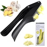 Moorstdel 2 In 1 Knoblauchhacker und Schneider, Knoblauchpresse aus Edelstahl – Premium-Knoblauchwolf,Leicht zu Drücken, mit Ergonomischem Griff,rutschfest, Bequem und Leicht zu Reinigen (Schwarz)