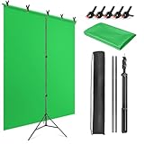 JEBUTU Greenscreen mit Ständer 1,5x2m, Greenscreen Hintergrund mit Ständer, Verstellbarer Fotografie Hintergrund Ständer mit 5 Klemme für Chroma Key Streaming Gaming Fotoshooting Video Zoom