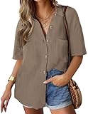 HOTOUCH Hemd Damen Kurzarm Blusen V-Ausschnitt Bluse Casual Einfarbig Blusen Elegant Shirts Lockerer Passform Arbeit Oberteile Braun XXL