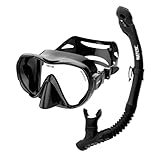 SEAC Set Bis Rondò Dry - Schnorchelset für Erwachsene mit rahmenloser Einzellinsenmaske aus gehärtetem Glas und Dry Top Schnorchel mit Ausblasventil und ergonomischem Silikonmundstück