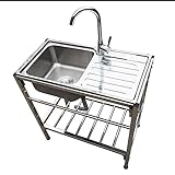 Edelstahl-Spülbecken mit handelsüblichem Wasserhahn, freistehendes Abtropfgestell mit Ablagen für den Innen- und Außenbereich