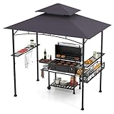 HOMASIS Grillpavillon mit Seitenablage, Pavillon mit Doppeldach, 2 Tischen, Haken und Flaschenöffner, wetterfester Pavillon und Schutz für den Garten, Außengrill (Dunkelgrau, 242x153x250cm)