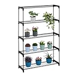 Relaxdays Blumenregal, 5 Ablagen, Blumen- & Pflanzentöpfe, Metall & Kunststoff, HBT: 140x91x28 cm, Kräuterregal, schwarz