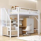 Kinderbett Etagenbett 90x200, Hochbett Hausbett mit Fenster&Treppe&Aufbewahrungsschrank, Metallbett Funktionsbett Einzelbett Jugendbett Spielbett mit Rausfallschutz&Lattenrost, Ohne Matratze, Weiß