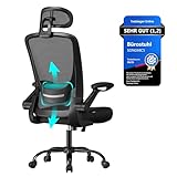 SONGMICS Bürostuhl ergonomisch, Drehstuhl mit Mesh, Lenden- und Kopfstütze, Wippfunktion, 53 cm große Sitzfläche, klappbare Armlehnen, Arbeits- und Schlafzimmer, Studenten, tintenschwarz OBN047B01