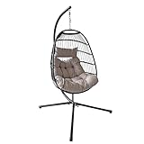 ESTEXO Polyrattan Hängesessel Hängekorb Rattan Hängeschaukel klappbarer Korb mit Gestell (Schwarz-Grau)