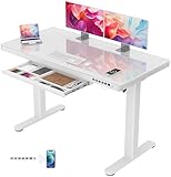 Homall Glas Höhenverstellbarer Schreibtisch, 120 x 60 cm Elektrischer Höhenverstellbarer Schreibtisch mit Schublade, Sitz- und Steh-Schreibtisch für Home Office, weiß