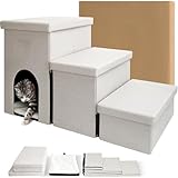 ENEN Faltbare Hundetreppe für Kleine Hunde, Haustiertreppe für Kleine Hunde & Katzen mit Stauraum Katzentreppe 3 Stufen für Bett und Sofa Couch, Auto (Beige,84 * 43 * 45cm)