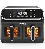 TOPZEE 8L Airfryer, Heißluftfritteuse 2 Kammern mit Sichtfenster, 8-in-1 Voreingestellte Programme, Spülmaschinenfeste Antihaft-Körbe, Schwarz