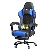 JUMMICO Gaming Stuhl, Schreibtischstuhl mit Massagefunktion,Bürostuhl Ergonomisch mit Fußstütze,150 kg, Blau