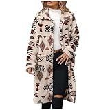 ThiCc Lange Damenjacke mit ethnischem Muster und Kragen, Boho, einreihig, langärmelig, lockere Passform, Azteken-Fleece-Mantel, Vintage, warm, Plüsch-Oberbekleidung für Herbst und Winter, gemütliche