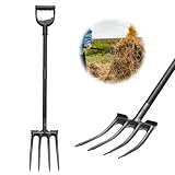 Spatengabel,Grabegabel zum Räumen von loser Erde und Heu von Flächen, Mistgabel mit 4 Zinken Schwarz für Gartenarbeiten,Spatengabe mit Metall 116 cm Heugabel Gartenpflege Gartengeräte Gartenwerkzeug