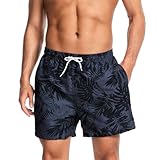 AMZSPORT Badehose Herren Wasserabweisend Badeshorts Schwimmhose mit Mesh-Futter und Taschen, Schwarz Blatt L