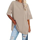 Oversize Longshirt Kurzarm Damen,Tshirt Rundhals Shirt Freizeit,Lässige Locker T Shirts Einfarbig Oberteile Lose Sommershirt Leicht und Luftig Lang Shirts Große Größe Tee Shirt
