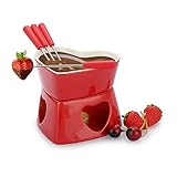 TOLIDA Keramik-Schokofondue-Set Roter Herzförmiger Schokoladenschmelztopf Käsefonduetopf aus Porzellan mit 4 Gabeln 320ML Mini Hitzebeständigbrenner Teelichtfondue für Süßigkeiten Butter Käse