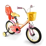 RULLY 16 Zoll rosa Kinderfahrrad für Mädchen 4–7 Jahre (41–53 cm) – Kinderfahrrad mit Puppensitz, Stützrädern und Regenbogen-Look.