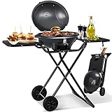 KESSER® elektrischer Elektrogrill 2in1 Tischgrill - Standgrill mit Deckel und Standfuß | max. 2400 Watt | Faltbar | Thermometer | Antihaftbeschichtung | Grillplatte Abstelltische | 2 Räder |