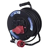 EMOS - CEE-Kabeltrommel 25m - 3 Steckdosen (1 CEE, 2 Schuko) - wasserdicht - 230 V/400 V, 13 A, 3000 W/5000 W - Gummi-Isolierung - H07RN-F 1,5 mm2 - IP44 für Außenbereich & Camping