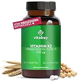 Vitabay Vitamin K2 Hochdosiert 200 µg (mcg) - 90 Vitamin K2 Tabletten Vegan & Laborgeprüft - MK-7 (Menachinon-7) aus natürlichen Zutaten in All-Trans Form - Hohe Bioverfügbarkeit