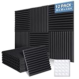 Ohuhu Akustikschaumstoff Akustikpaneele 12 Stück mit Aufkleber, 30 x 30 x 2,5 cm, Schalldämmung Wand Schallabsorber Akustikschaumplatten Schallschutz für Tonstudio Podcasts Gaming Deko, Schwarz