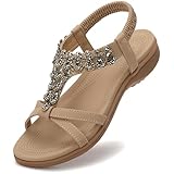 Littleplum Damen Sandalen Sommer Freizeit Flach Sandalette mit Strass Perlen Bohemia Strand Schuhe,A Beige 40 EU