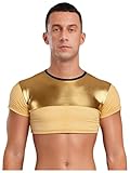 Runhomal Herren Wetlook Tops Kurzarmshirt Bauchfrei Slim Fit Rundhals Unterhemd Mesh Spleiß Oberteile Glänzend GOGO Party Clubwear Gold M