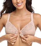 Lemorosy Damen Vollschalen Ungepolster Bügel BH Vorne Vershcluss T-Shirt BH Komfort Große Größen T-Rücken Blumenspitze(Beige,90D)