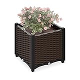Relaxdays Pflanzkübel, Rattan-Optik, HBT: 38x40x40 cm, Garten, Balkon & Terrasse, Blumenkübel mit Wasserspeicher, braun