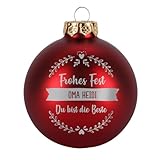 Herz & Heim® Weihnachtskugel aus Glas mit persönlicher Gravur/Rot oder Weiß/Matt oder Hochglanz/Ø 8 oder 10 cm/Verschiedene Motive Ø 10 cm, Rot Matt, 3 Zeilen Wunschtext