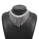 Weenkeey Quaste Strass Halsketten Strass Choker Halskette Sparkly Kristall Halsbänder Kette für Frauen Mädchen - Silber