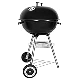 SunJas Holzkohlegrill, tragbar, rund, Deckel, Doppelräder, Grill auf Standfuß, φ 41 cm, Höhe 70 cm, Schwarz