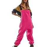 Damen-Overall aus flauschigem Fleece, lockere Passform, Overall, Winter, Sherpa-Strampler, flauschige Skihose, Latzhose mit Taschen, #02Hot Pink, XX-Large