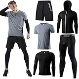 Herren Sport Laufset (5er Pack) Athletisches Shirt+Short/Kompression Shirt+Hose mit Mantel Trainingsanzug Gym Anzüge Grau 04 M