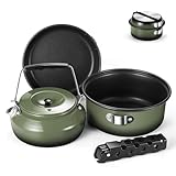 Odoland 5pcs Camping Geschirr Set, Antihaft-Leichtgewicht Topf Pfanne Kettle Set mit einem abnehmbaren Griff - Perfekt für Backpacking, Camping, Wandern und Picknick Grün