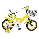 ATIVLB 12 Zoll Gelbes Fahrrad, für Mädchenmit und Jungen Stützrädern & verstellbarem Spielrad mit Korb & Klingel,mit Stützrädern,Schutzbleche,Wasserflaschenhalterung