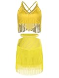 Jugaoge Damen Latein Tanz Kleidung Set Spaghetti Crop Top mit Fransen Rock Zweiteiler Salsa Cha-cha Rumba Outfits Standard Modern Kostüm Gelb A M