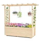 HOMASIS Blumenkasten mit 2 Rankgitter & Dachregal, Hochbeet mit Spalier, Holz Pflanzkasten für Kletterpflanz Blumen, Pflanzkübel Pflanzgefäß Rankhilfe für Garten Balkon Terrasse (115x40x103cm, Natur)