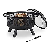 Relaxdays Feuerschale mit Funkenschutz, Garten & Terrasse, mit Schürhaken, Outdoor Feuerstelle, Stahl, Ø 63.5 cm, schwarz