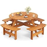 COSTWAY Picknicktisch Set für 8 Personen, Gartentisch aus Holz mit Schirmloch & 4 Bänken, Terrassenmöbel, Gartenmöbel, runde Sitzgruppe, Sitzgarnitur für Garten, Terrasse (Gelb)