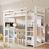 Ctastay Kinderbett Hochbett 90x200 cm mit Rausfallschutz, Bett Etagenbett Einzelbett mit Stauraum Kleiderschrank & Schreibtisch, Jugendbett Holzbett mit Leiter & Lattenrost, Weiß (Ohne Matratze)