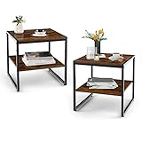 COSTWAY 2er Set Beistelltisch, 2 Ebenen Couchtisch mit Metallrahmen, Nachttisch industriell 50 x 50 x 50cm