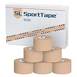 SL SportTape - wasserabweisendes Tape, selbstklebendes Physiotape, extra starke Klebekraft, hautfreundliches Taping, 3,8 cm x 10 m, 6 Rollen, beige