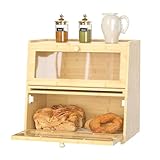 DFENG Bambus-Brotkasten, Brotkasten, 2-lagig, stapelbar, mit transparentem Fenster, große Kapazität, Brotbehälter für hausgemachtes Brot für die Küche, 44 x 26 x 41 cm