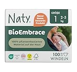 Naty BioEmbrace Neugeborenen Baby Windeln Größe 1 (2–5 kg) | 100% pflanzenbasierte Materialien auf der Haut | Atmungsaktive Weichheit, dermatologisch getestet, exzellente Saugkraft | 100 Stück