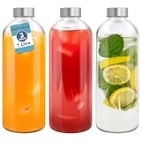 HEFTMAN Glaswasserflasche, 1 Liter, 3 Stück, leere Glasflaschen mit Deckel, Wasser, Smoothies, Glas-Saftflaschen mit luftdichten, auslaufsicheren Edelstahldeckeln & Reinigungsbürste für Arbeit,