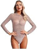 iEFiEL Damen Meshbody Top Langarm Bodysuit Einteiler Catsuit Transparent Stringbody Glitzer Shirts Festival Oberteile Altrosa S